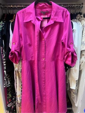 Sharagano Bright Fuchsia Midi Shirt Dress with tie for waist